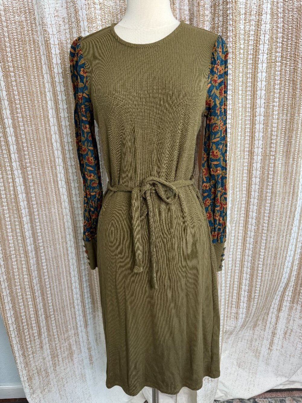 Downeast Olive Green Ribbed Floral Sleeve Tie Waist Midi Dress Size M